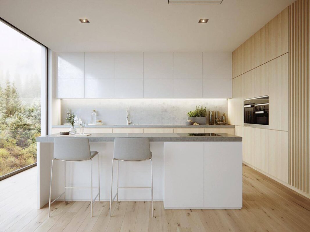 Phòng bếp minimalism có ánh sáng tư nhiên với gam màu trắng chủ đạo