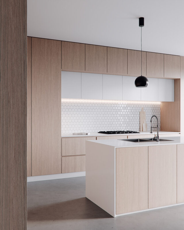 Phòng bếp minimalism kết hợp đèn LED và đảo bếp
