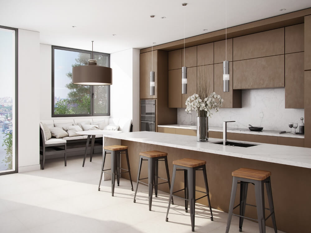 Phòng bếp minimalism với nội thất gỗ ấm cúng