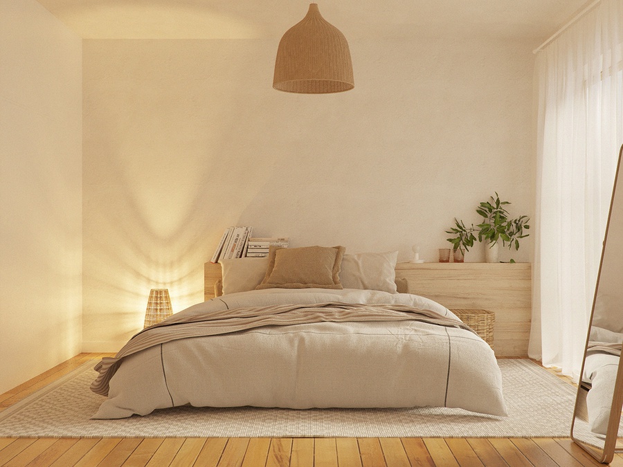 Phòng ngủ nhỏ phong cách Minimalism với nội thất tối giản kết hợp ánh sáng tự nhiên