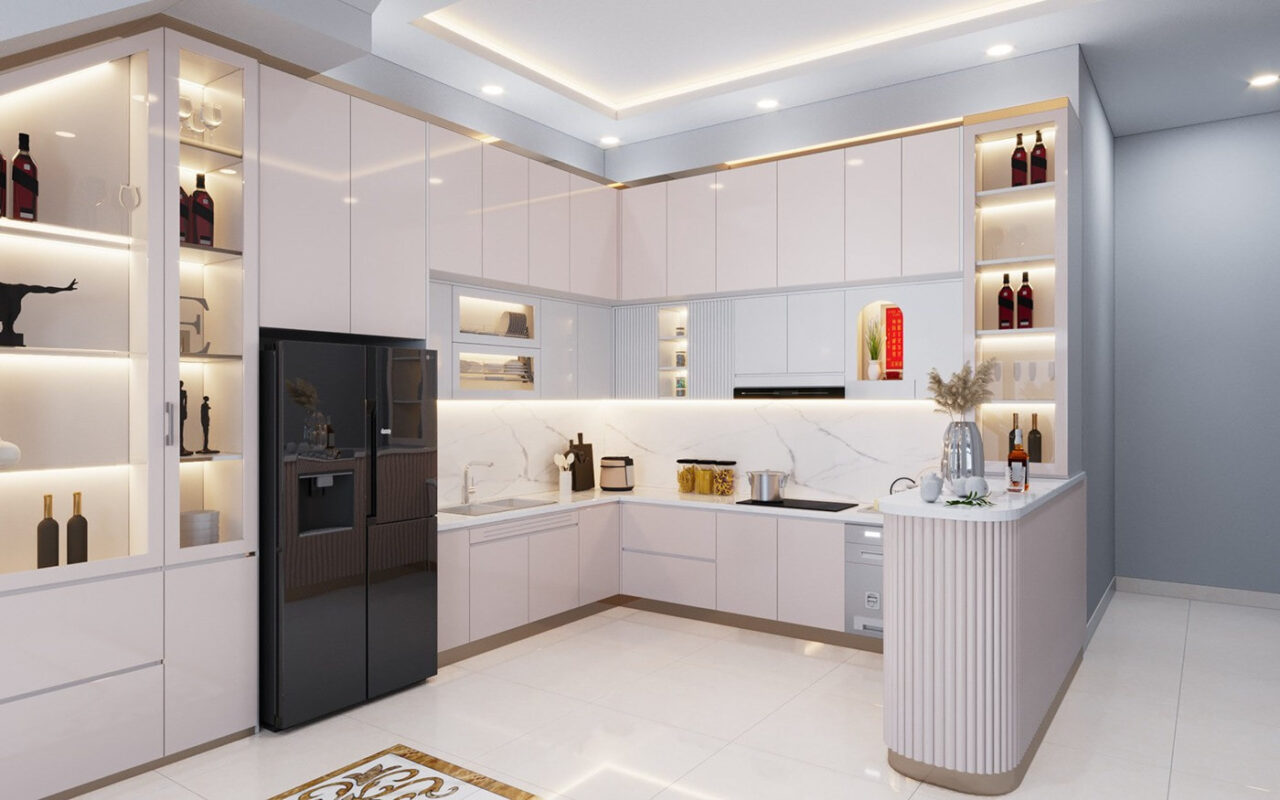 Cách phối màu cho phòng bếp tone trắng chủ đạo sử dụng đường viền ánh kim