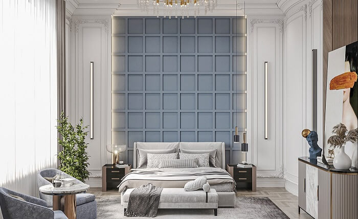 Phối màu nội thất phòng ngủ với tone màu xanh pastel và các gam màu trung tính