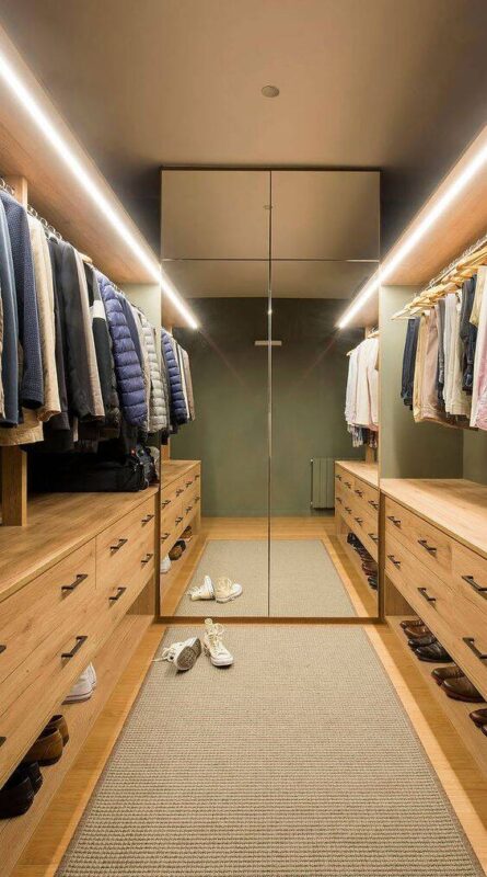 Mẫu thiết kế phòng ngủ có phòng thay đồ mini bằng cách tận dụng gương để tối ưu diện tích